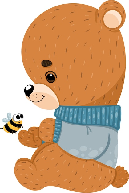 Vecteur l'ours mignon dans un chandail tient sur le panneau d'une abeille