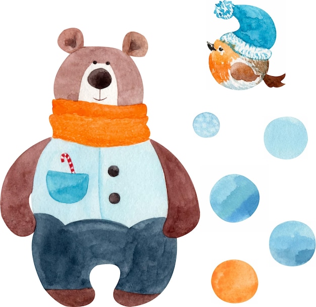 Ours mignon dans une écharpe, rouge-gorge dans un chapeau, boules de neige. Illustration aquarelle