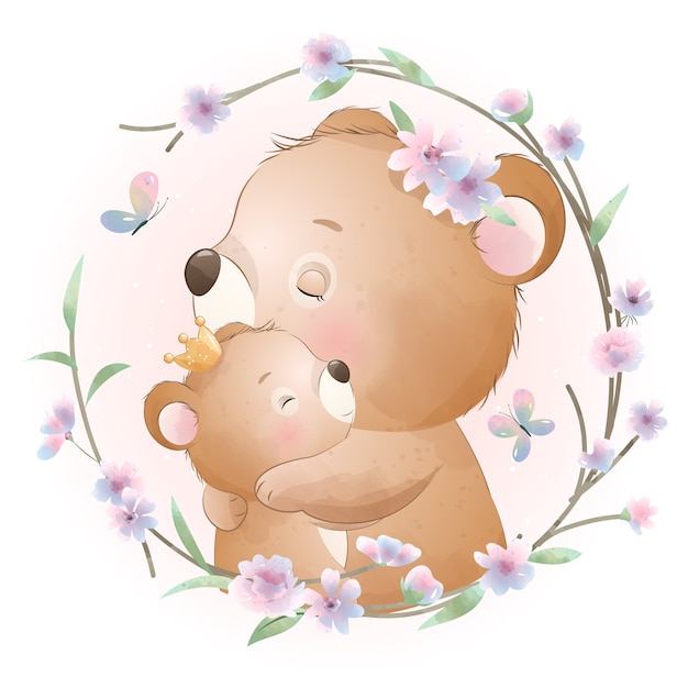 Ours Mignon Doodle Avec Illustration Florale