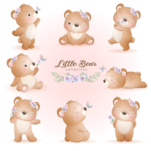 Vecteur ours mignon doodle pose avec illustration de jeu floral