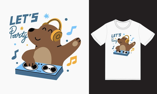 Vecteur un ours mignon jouant de la musique dj avec un vecteur premium de conception de t-shirt