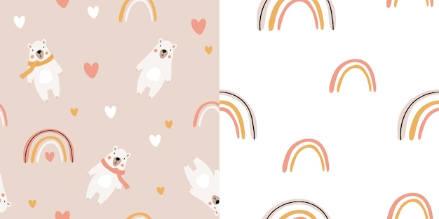 Ours Mignon Modèle Sans Couture Ours Polaire Avec Coeurs Et Arcs-en-ciel Personnage De Dessin Animé Kawaii Modèle De Carte De Voeux Bébé Couverture Pour Ordinateur Portable T-shirt