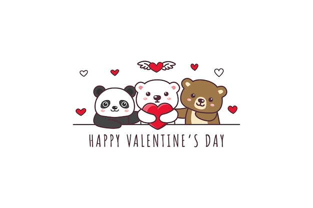 Vecteur ours mignon, panda, ours polaire dessin doodle joyeux saint valentin