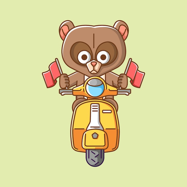 Un ours mignon tenant le drapeau à cheval sur un scooter animal kawaii chibi personnage mascotte contour d'illustration