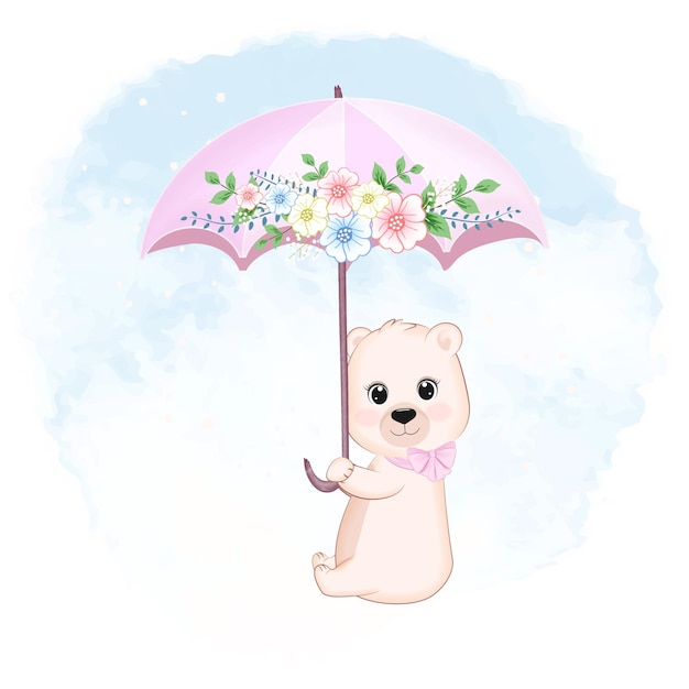 Ours Mignon Tenant Un Parapluie Avec Un Bouquet De Fleurs