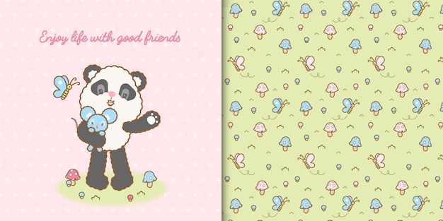 Ours Panda Kawaii Mignon Et Souris Avec Motif Sans Couture Premium