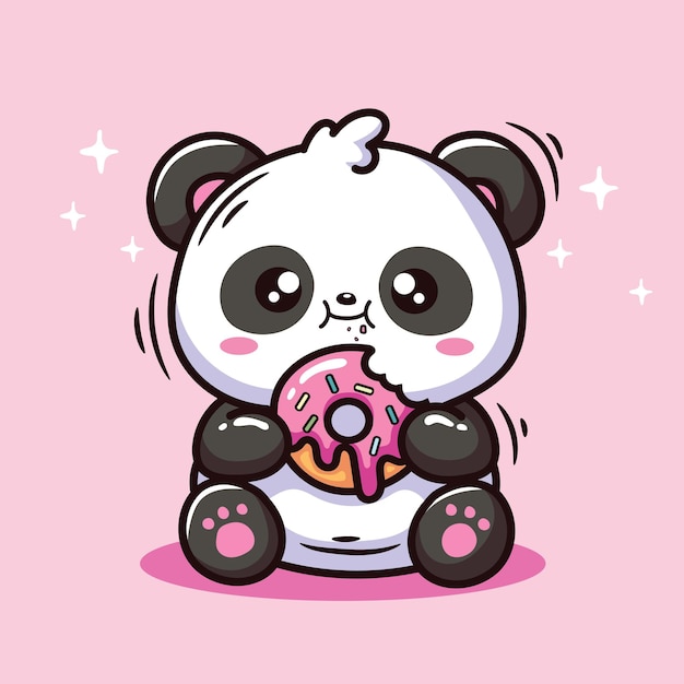 un ours panda mignon avec un donut kawaii dessin d'illustration vectoriel de personnage