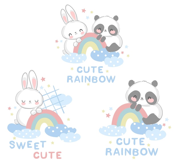 Ours Panda Mignon Et Lapin Avec Un Design Arc-en-ciel