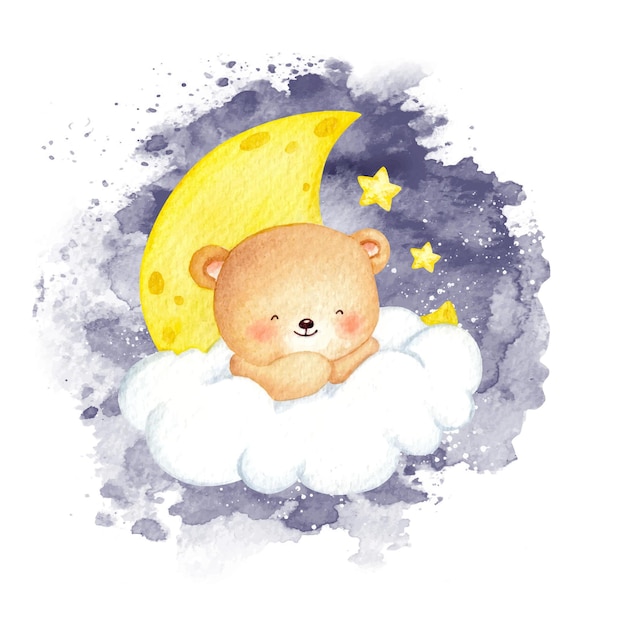 Ours en peluche aquarelle assis sur le nuage