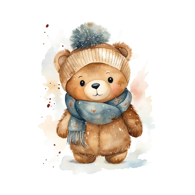 Vecteur ours en peluche aquarelle confortable en chapeau et écharpe, adorable illustration débordante de chaleur et de gentillesse