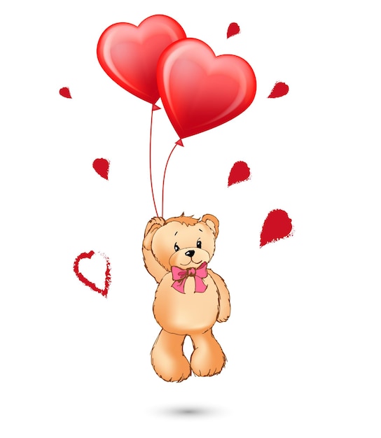 Vecteur un ours en peluche avec des ballons en forme de coeurs rouges dans ses pattes concept de la saint-valentin heureuse