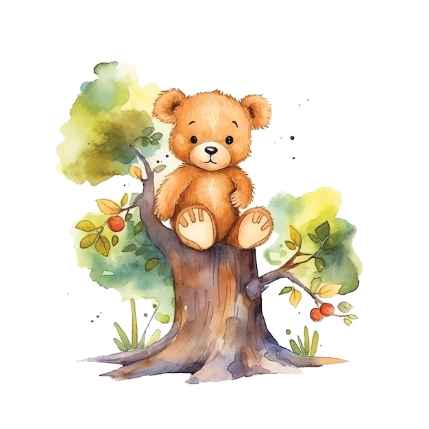 Ours en peluche dessin animé mignon assis dans l'illustration aquarelle d'arbre