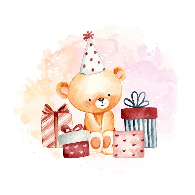 Ours en peluche joyeux anniversaire aquarelle