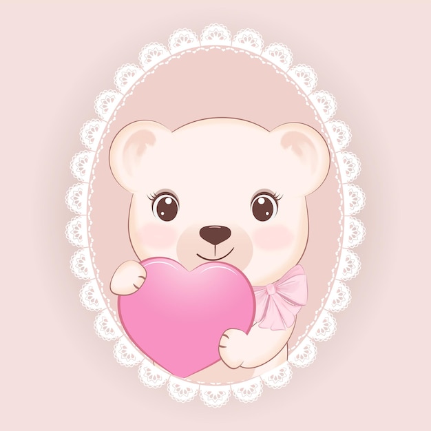 Ours en peluche mignon et coeur dans le concept de la saint-valentin de cadre de dentelle ovale