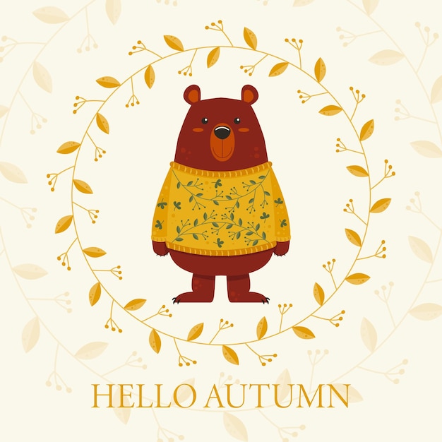 Ours En Peluche Mignon Dans Un Pull Jaune Avec Une Carte D'automne Ornement Hello Autumn