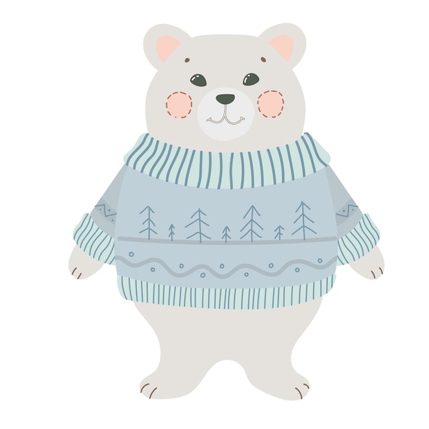 Ours En Peluche Mignon Dans Un Pull En Tricot. Animal En Style Cartoon Dans Des Couleurs Pastel. Illustration Vectorielle Hiver Isolée Sur Fond Blanc.