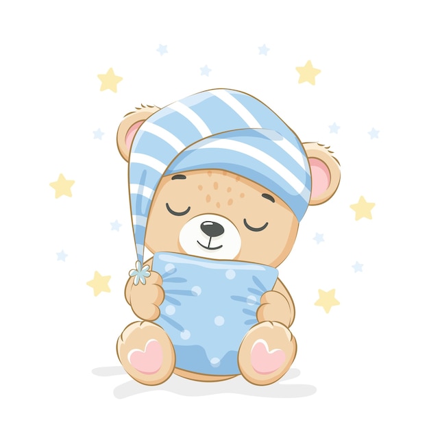 L'ours en peluche mignon dort doucement. Pour un garçon. Illustration vectorielle d'un dessin animé.