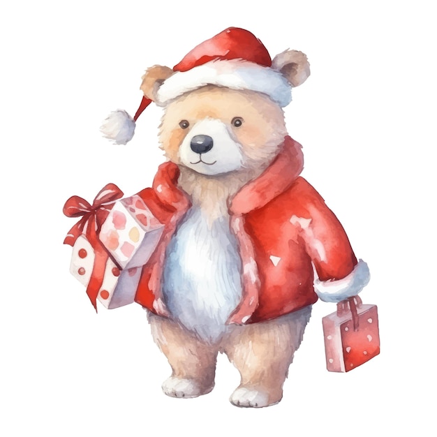 Ours en peluche de Noël aquarelle mignon avec des boîtes-cadeaux Modèle de carte de nouvel an