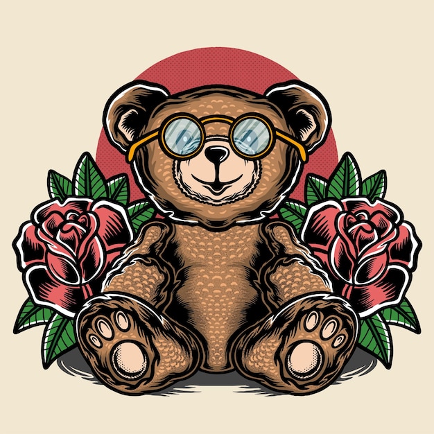 Ours En Peluche Portant Des Lunettes Et Des Roses Illustration De Fond