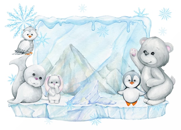 Ours pingouin lapin phoque hibou glaciers congères flocons de neige Animaux polaires mignons et paysage d'hiver Clipart aquarelle en style cartoon