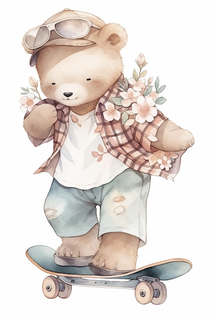 Un ours sur une planche à roulettes avec des fleurs dessus.