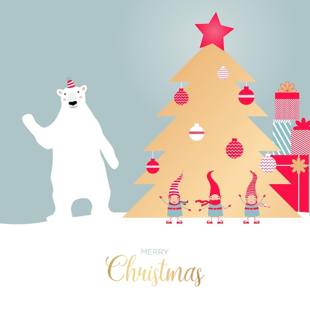 L'ours Polaire Et 3 Elfes De Noël Agitant Les Mains Disent Bonjour Arbre De Noël Doré Avec Des Cadeaux Modèle