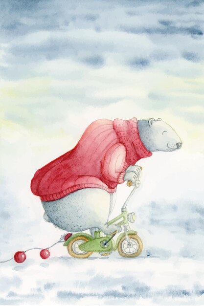 Vecteur ours polaire drôle sur vélo pour carte de voeux de noël illustration vectorielle aquarelle