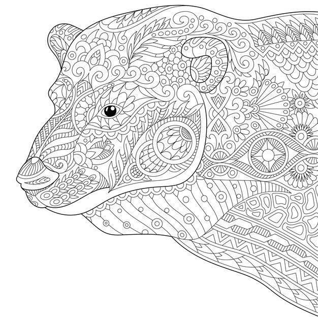 Vecteur ours polaire. illustration de coloriage zentangle. conception d'art en ligne pour la page de livre de coloriage adulte.