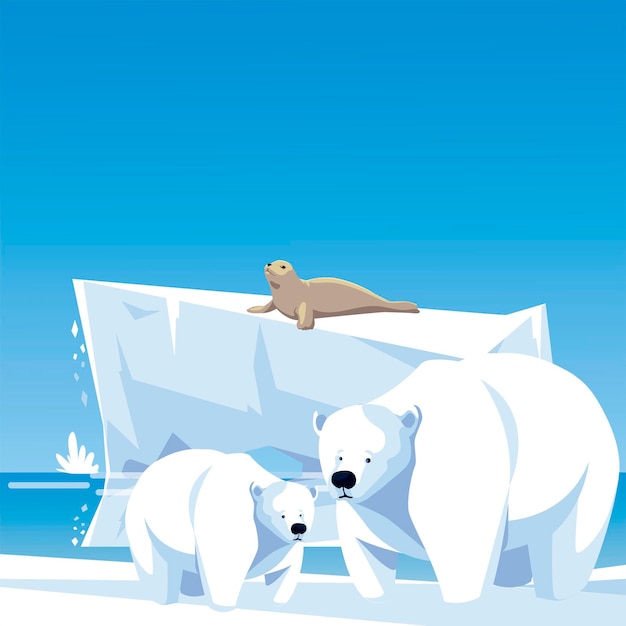 Vecteur ours polaires et phoque iceberg illustration de paysage du pôle nord