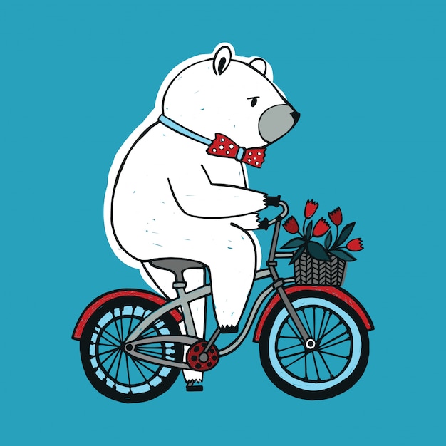 L'ours Sur Le Vélo Avec Panier Et Fleurs.