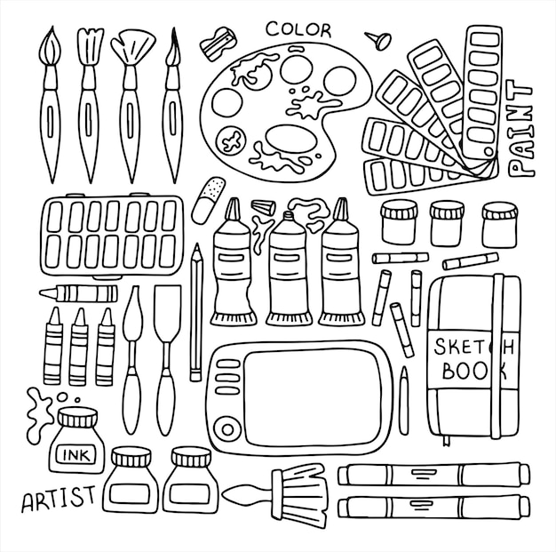 Outils D'art Vectoriel Ensemble De Croquis Dessinés à La Main Fournitures D'artiste Vectoriel Doodle Marqueurs De Tablette Graphique Et Peintures Fond D'art