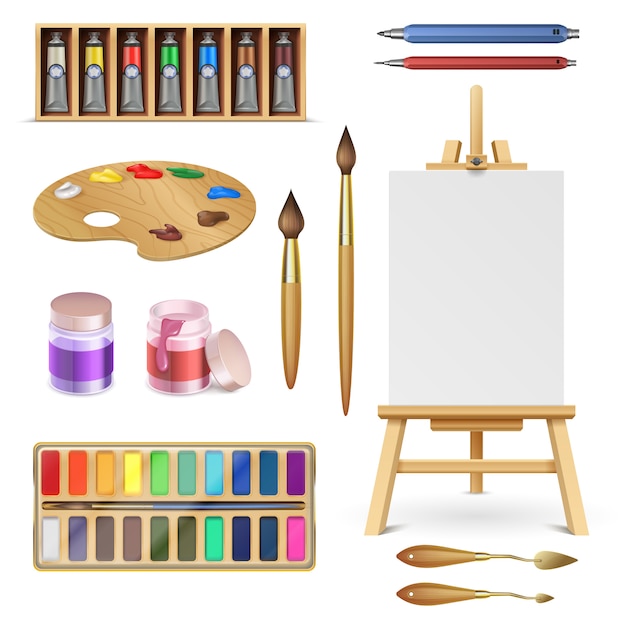 Outils Artistiques Et Fournitures D'art Avec Chevalet, Palette Peintures Pinceau Et Crayon De Couleur Isolé Jeu De Vecteur