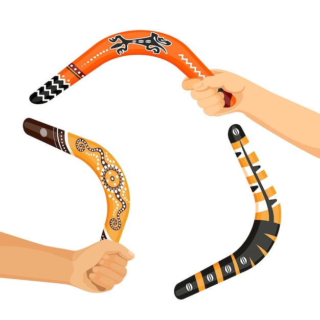 Outils de boomerang australiens traditionnels peints dans les mains vector illustration isolé sur fond blanc. Armes indigènes ornementales