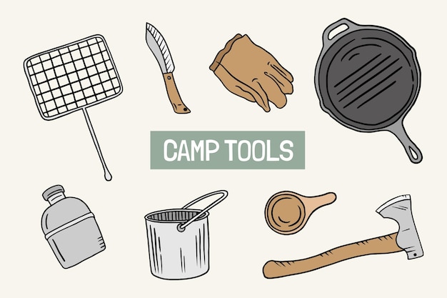 Outils De Camping Dessinés à La Main Doodle Illustration