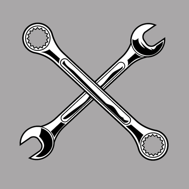 Vecteur outils clé mécanicien croisés noir et blanc