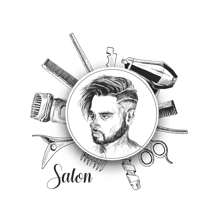 Vecteur outils de coiffeur professionnel avec homme hipster illustration vectorielle de croquis dessinés à la main