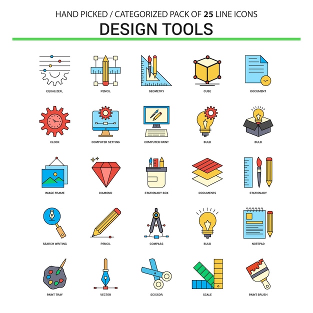 Outils de conception ligne plate Icon Set