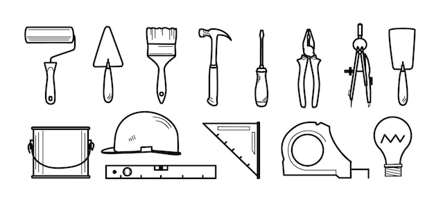 Outils de construction jeu d'icônes vecteur minimaliste bâtiment Illustration Simple ligne mince artx9xA