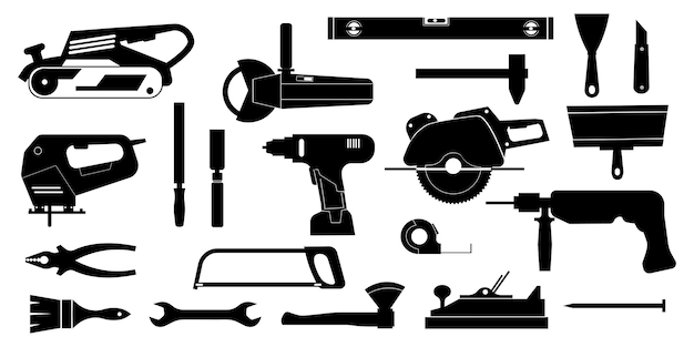 Outils De Construction Noirs Instruments De Réparation Et De Construction à Domicile Pour Les Travailleurs Et Les Ingénieurs Icônes De Silhouette De Matériel D'ouvrier Menuiserie Et équipement D'ingénierie Ensemble De Signes Vectoriels