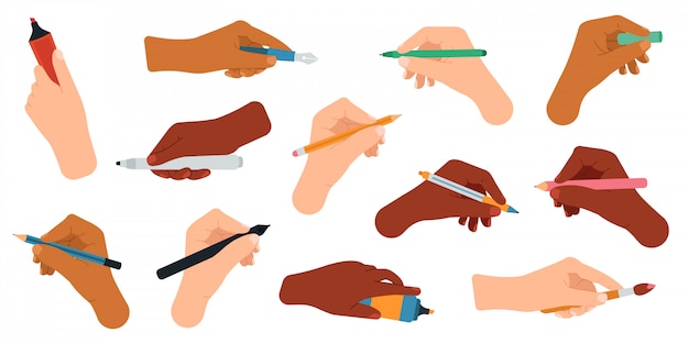 Outils d'écriture en main. Stylo, crayon, stylet, feutre dans les bras, jeu d'icônes d'illustration d'outils d'écriture et de dessin. Crayon et stylo, stylo à bille et marqueur en mains