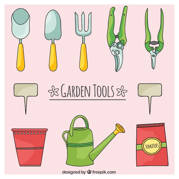 Vecteur outils de jardin dessinés à la main et arrosoir