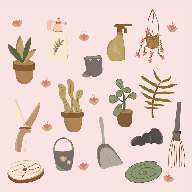 Outils de jardinage dessinés à la main et plante avec fond rose