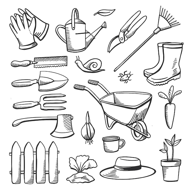 Outils De Jardinage Ligne Icône Dessin Doodle Ensemble