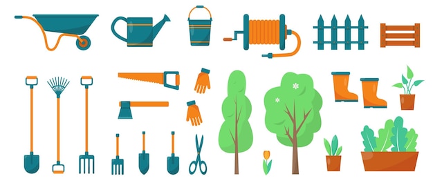 Outils De Jardinage Et Plantes. éléments Ou Icônes Pour Le Jardinage Et L'agriculture. Ensemble De Printemps Ou D'été.