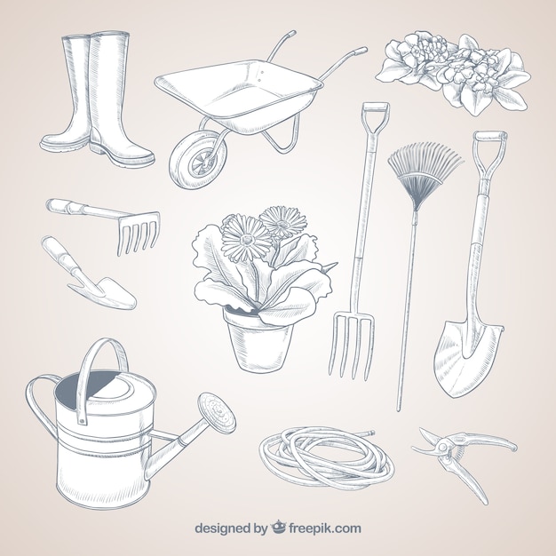 Vecteur outils de jardinage sketchy