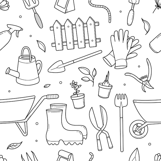 Outils De Jardinier Dans Le Modèle Sans Couture De Croquis De Doodle Vecteur à Main Levée