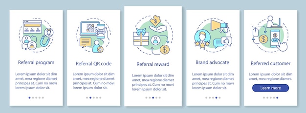 Outils de marketing de référence intégrant le modèle vectoriel d'écran de page d'application mobile. Attraction de la clientèle, campagne de rétention. Étapes du site Web avec des illustrations linéaires. Concept d'interface de smartphone UX, UI, GUI