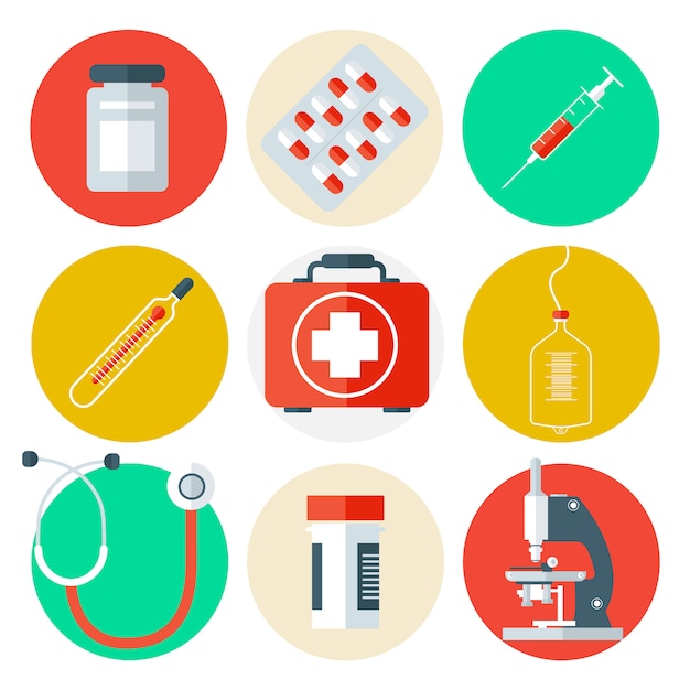 Outils Médicaux Icons Set. Antécédents Médicaux Avec Des Produits De Santé.