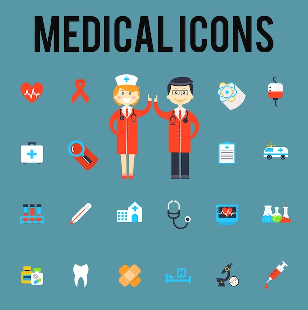 Outils médicaux personnel médical icônes plates médecine hôpital santé médicaments ringépharmacie équipement