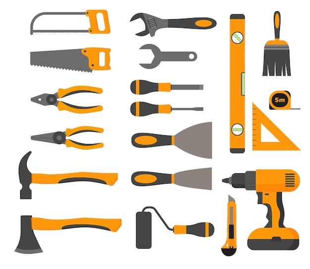 Outils de menuiserie Flat Design Concept collection d'outils de travail jaune isolé sur fond blanc